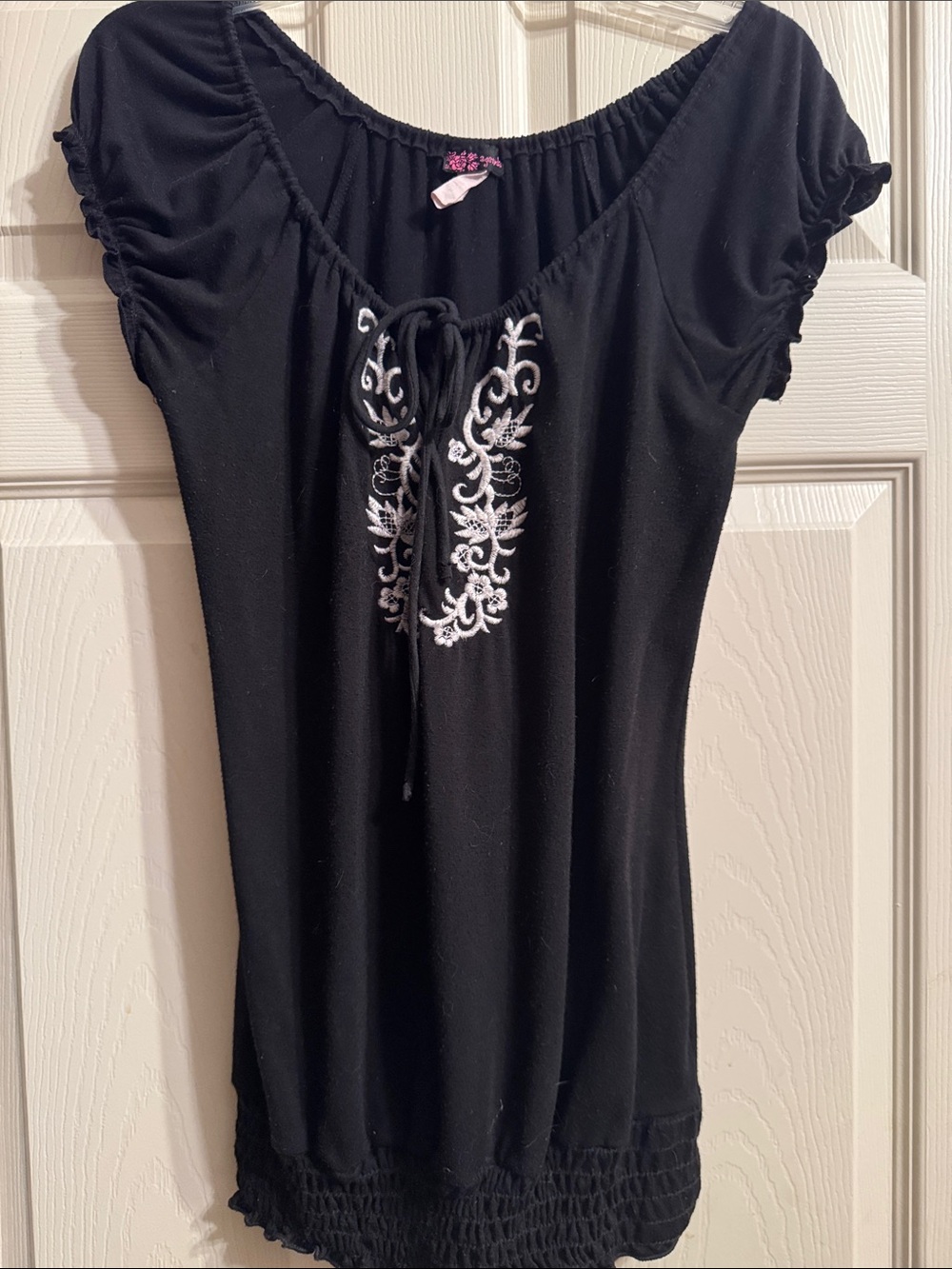 Agenda Black Tunic Top with White Embroidered Front